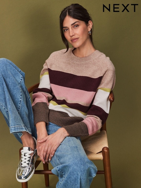 Neutral and Pink Stripe Premium 100% Lambswool Pattern Crew Neck Knitted Jumper (N21317) | kr536