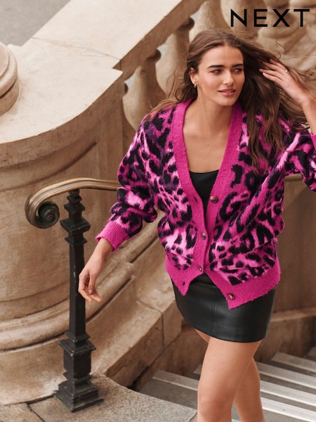 Roza leopard žival - Statement Pattern Button Front Knitted Cardigan (N21324) | € 27