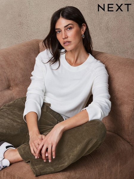 Ecru Valkoinen - Soft Touch Pattern Knitted Cosy Crew Neck Jumper (N21330) | €19