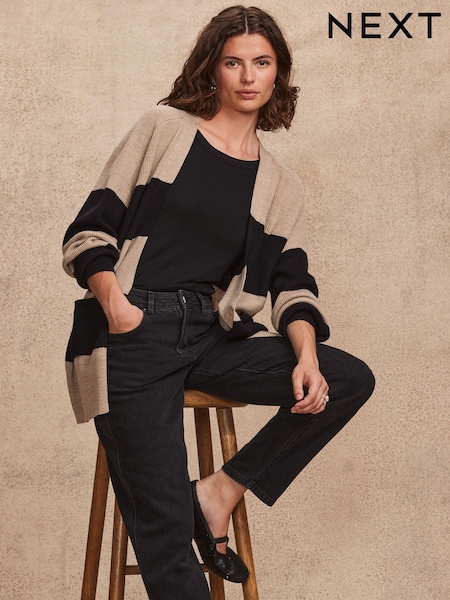 črna in Camel rjava črtast; progast - Soft Touch Cosy Knit Longline Cardigan (N21333) | € 25