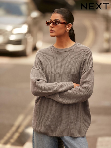 Mole Brown Cosy Crew Neck Longline Tunic Knitted Jumper (N21340) | 72 QAR