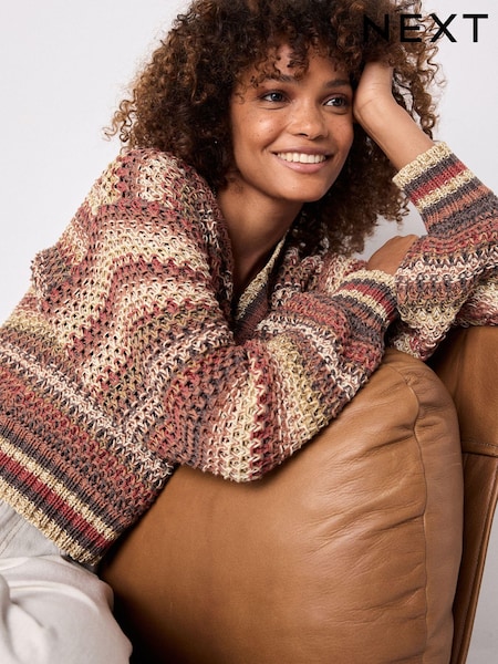 Rust Brown Stripe Stitch Detail V-Neck Knitted Jumper (N21345) | €27