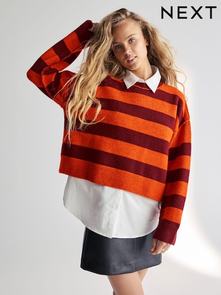 Orange Stripe 2-in-1 Smart Shirt Layer Knitted 100% Cotton Jumper (N21348) | €9