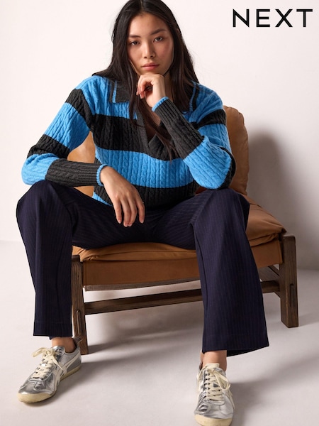Blue Stripe Polo V-Neck Collared Cable Knit Jumper (N21349) | €24