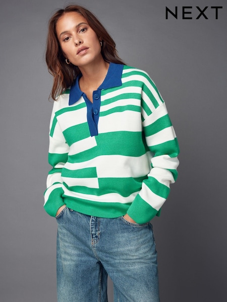 Green and White Stripe Button Down Knitted Polo Jumper (N21356) | AED75