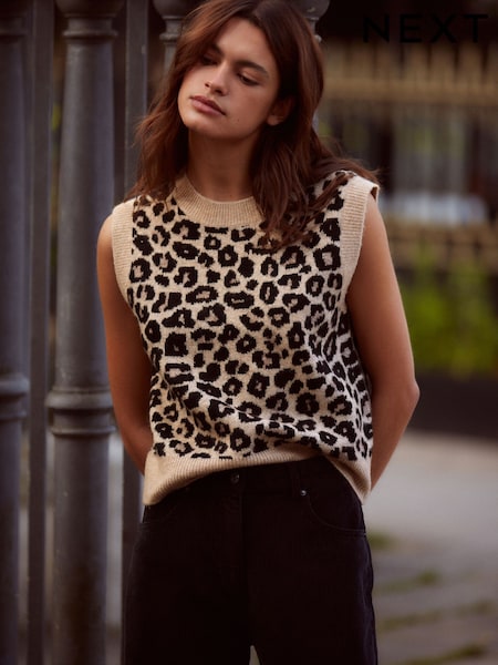 Neutral Leopard Animal Sleeveless Crew Neck Knitted Jumper Tank Vest Top with Wool (N21358) | €17