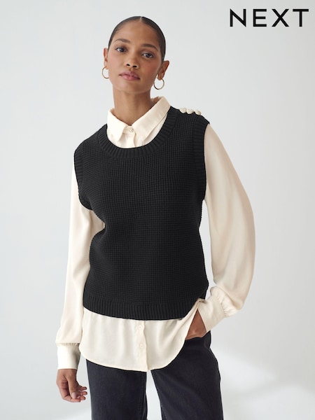 Black Gem Button Shirt Layer Jumper (N21364) | $85