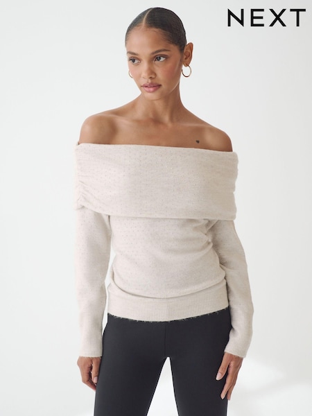 Neutral Bardot Off The Shoulder Embellished Sparkle Knitted Jumper (N21373) | AED79