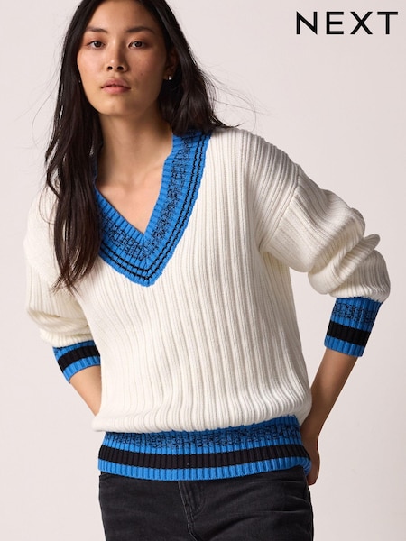 Ecru White with Bright Blue Contrast Tipped V-Neck Pullover Ribbed Knitted Jumper (N21382) | €13
