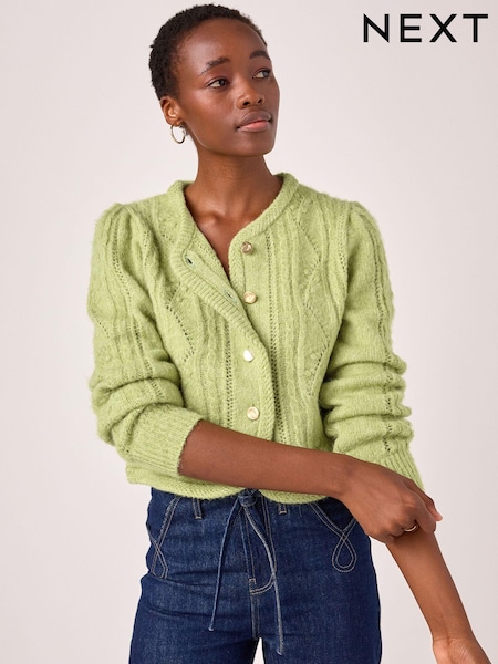 Green Gold Button Stitch Crew Cardigan (N21389) | €32