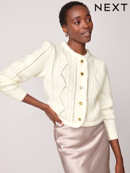 Ecru White Gold Button Stitch Crew Cardigan (N21390) | €32