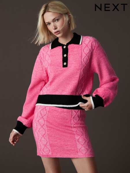 Bright Pink Contrast Fitted Short Cable Knitted Mini Skirt (N21392) | €15