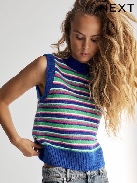 Multi Stripe Sleeveless Crew Neck Knitted Jumper Tank Vest Top with Wool (N21394) | AED81