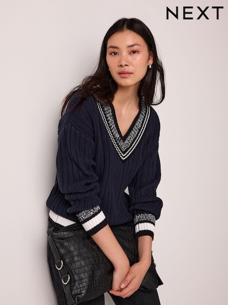 Navy Blue Contrast Tipped V-Neck Pullover Ribbed Knitted Jumper (N21401) | €13