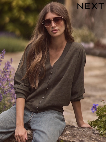 Kaki zelena - Premium 100% Merino Wool Button Cardigan (N21402) | € 30