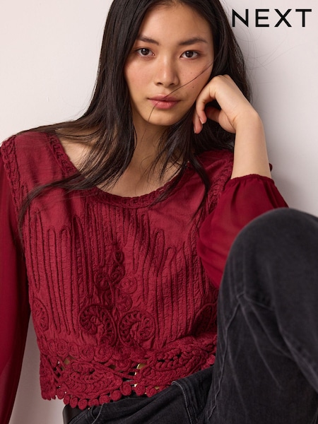 Burgundy Red Crochet Knitted Woven Mix Blouse Top (N21414) | AED105