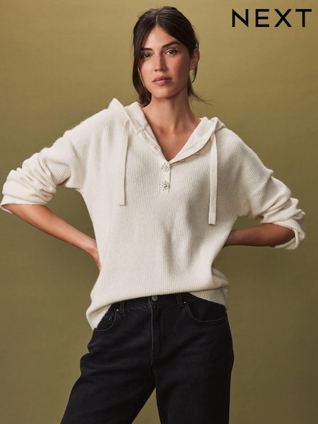 Ecru Cream Sparkle Gem Button Knitted Hoodie (N21416) | AED117