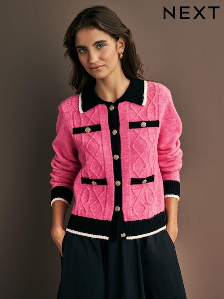 Bright Pink Smart Contrast Tipped Knitted Co-ord Jacket (N21420) | €29