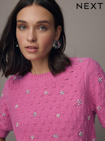 Ярко-розовый - Embellished Gem Short Sleeve Knitted Jumper (N21436) | €10