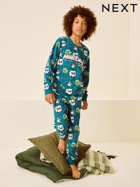 Teal Blue Minecraft Single Soft Touch Fleece Pyjamas with Elastane (5-16yrs) (N21438) | €18 - €24