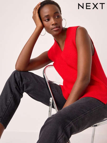Red Longline Sleeveless Ribbed V-Neck Knitted Tank Vest Top (N21442) | €15