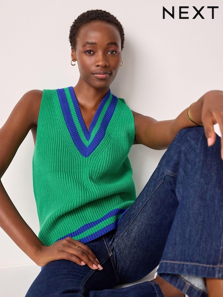 Bright Green Longline Sleeveless Ribbed V-Neck Knitted Tank Vest Top (N21443) | €15
