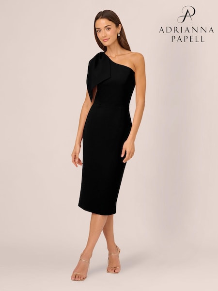 Adrianna Papell One Shoulder Bow Black Midi Dress (N21497) | €197