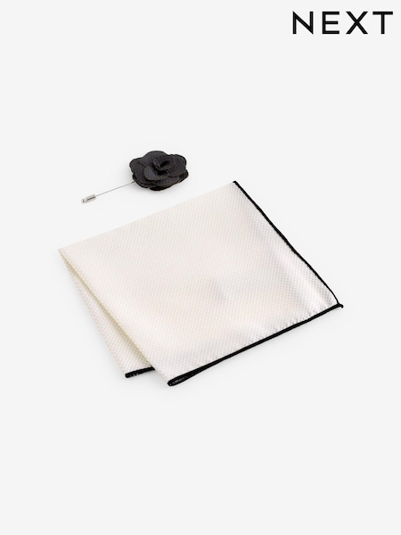 Black/White Textured Silk Lapel Pin And Pocket Square Set (N21517) | AED31
