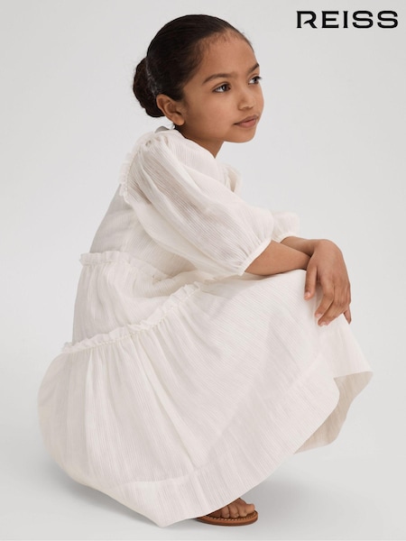 Reiss Ivory Tash 9-13 yrs Tiered Linen Blend Puff Sleeve Dress (N21524) | 632 QAR