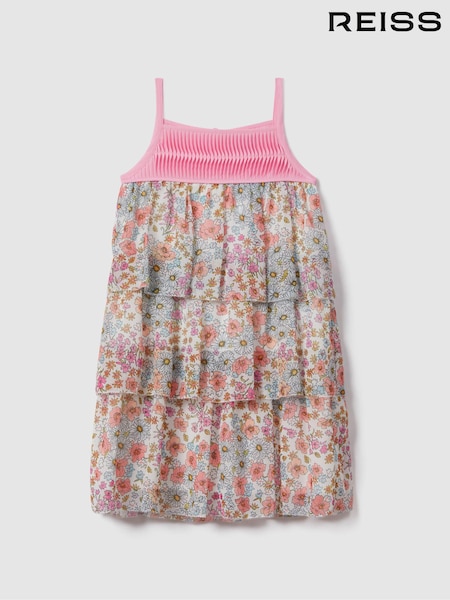 Reiss Pink Print Leela 13-14 yrs Floral Print Tiered Dress (N21539) | 588 QAR