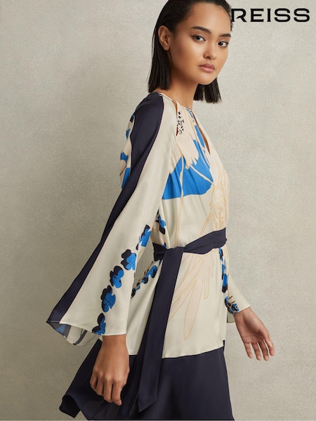 Reiss Navy/Blue Sasha Printed Side Tie Mini Dress (N21554) | €95