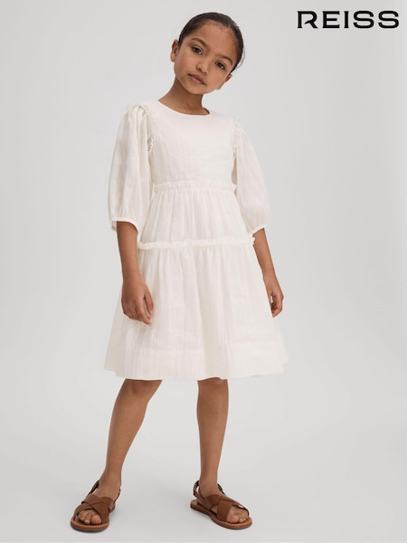Reiss Ivory Tash 4-9 yrs Tiered Linen Blend Puff Sleeve Dress (N21568) | 588 QAR