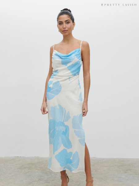 Pretty Lavish Blue & Cream Floral Keisha Ruched Midaxi Dress (N21606) | €49.50