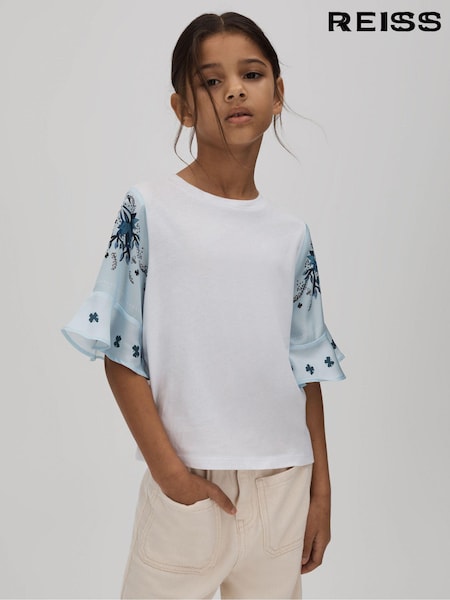 Reiss White Anastasia 4-9 yrs Flute Sleeve Crew Neck T-Shirt (N21667) | AED180