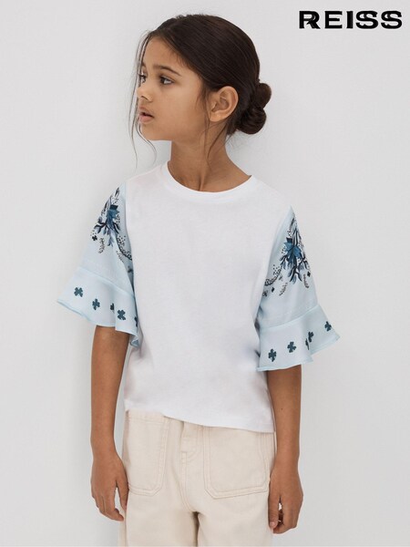 Reiss White Anastasia Teen Flute Sleeve Crew Neck T-Shirt (N21668) | kr621