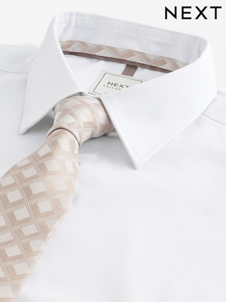 White/Neutral Brown Diamond Jacquard Slim Fit Occasion Shirt And Tie Pack (N21788) | AED78