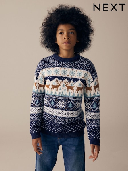 Navy Blue Boys Matching Family Christmas Fairisle Pattern Reindeer Jumper (3mths-16yrs) (N21810) | €18 - €25