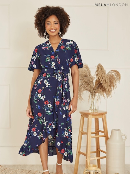 Mela Blue Floral Wrap Dress With Frill Hem (N21874) | €26