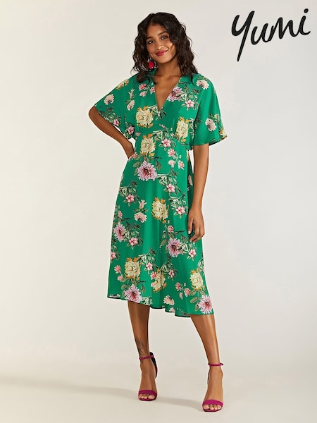 Yumi Green Crane Print Kimono Midi Dress (N21882) | €63