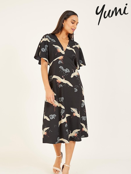 Yumi Black Crane Print Kimono Midi Dress (N21904) | 247 QAR