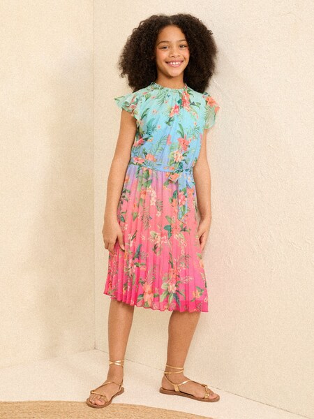 Albastru/Roz tropicale - L&R | Love & Roses șifon Volănașe cu mâneci plisate Rochie (5-16ani) (N21917) | 139 LEI - 168 LEI