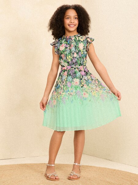 Floral negru/albastru - L&R | Love & Roses șifon Volănașe cu mâneci plisate Rochie (5-16ani) (N21948) | 163 LEI - 196 LEI