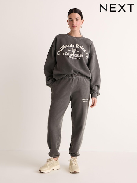 Charcoal Grey California Relax Co. Los Angeles Relaxed Fit Washed Slogan Graphic Joggers (N22001) | €16