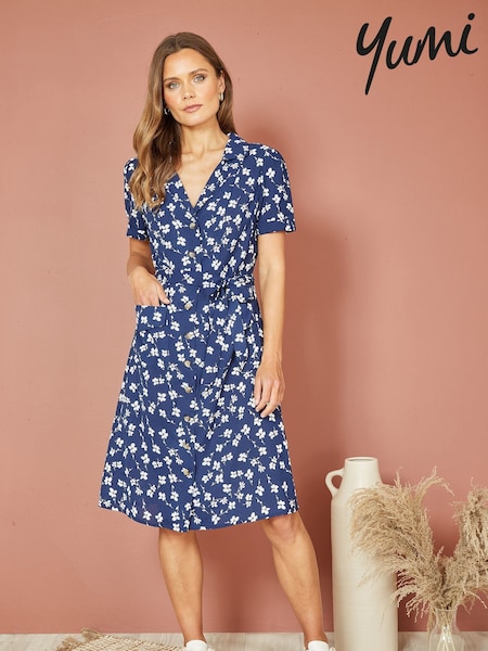 Yumi Blue Daisy Print Retro Shirt Dress (N22014) | €34