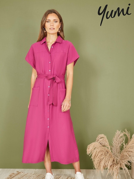 Yumi Pink Viscose Relaxed Midi Shirt Dress With Pockets (N22020) | €42