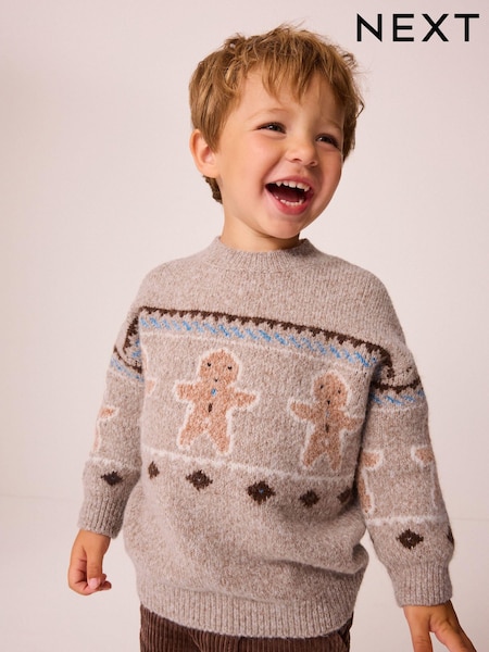 Neutral Gingerbread Christmas Crew Neck Jumper (3mths-7yrs) (N22026) | €18 - €20