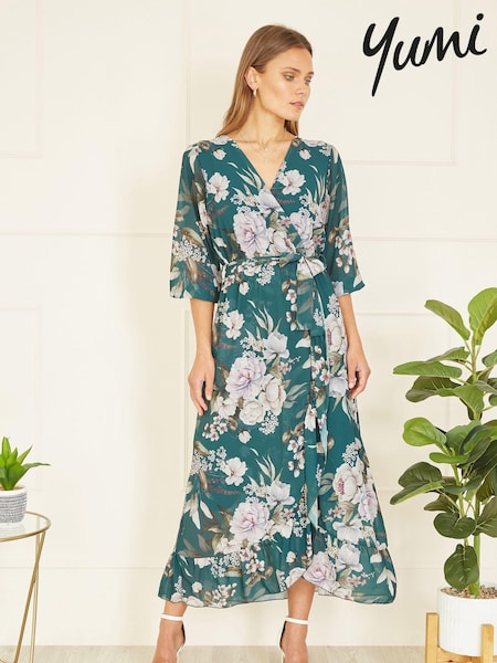 Yumi Blue Floral Wrap Midi Dress With Frill (N22027) | € 86