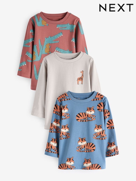 Neutral/Tan 100% Cotton Long Sleeve Animal Print Character T-Shirts 3 Pack (3mths-7yrs) (N22033) | AED16 - AED20