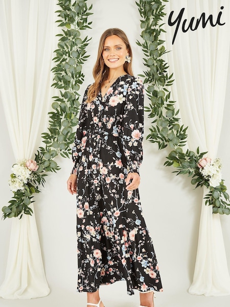 Yumi Blossom Floral Print Ruched Long Sleeves Midi Dress (N22039) | 229 LEI