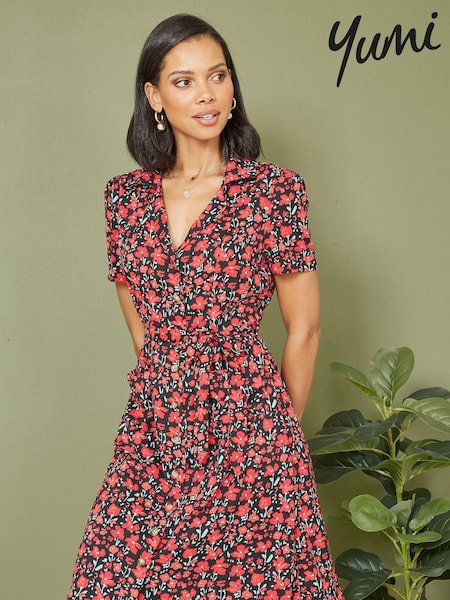 Yumi Red Poppy Print Retro Shirt Dress (N22042) | €34
